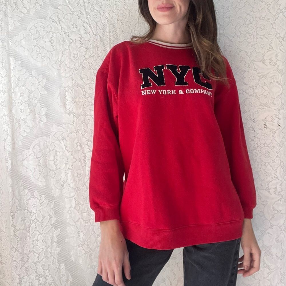 Y2K New York & Company Red Embroidered Varsity Style Crewneck Sweater - Picture 6 of 13